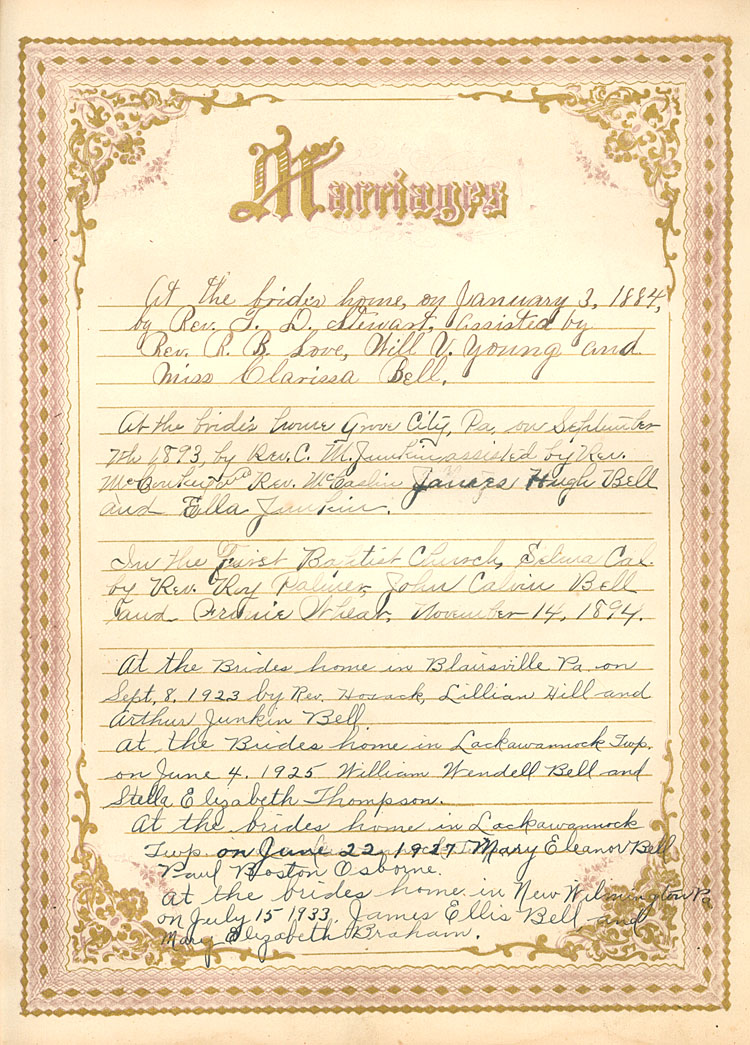 William Bell Family Bible: Marriages