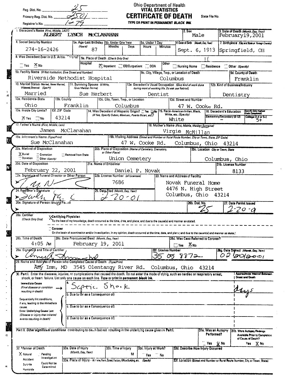 Dr. Bert Lynch McClanahan (1913-2001)(1912-1973) Death Certificate