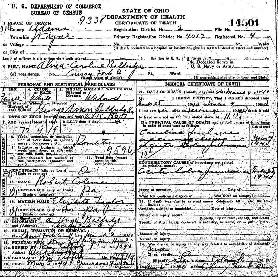 Death Certificate of Alma Caroline Coleman (1867-1940)
