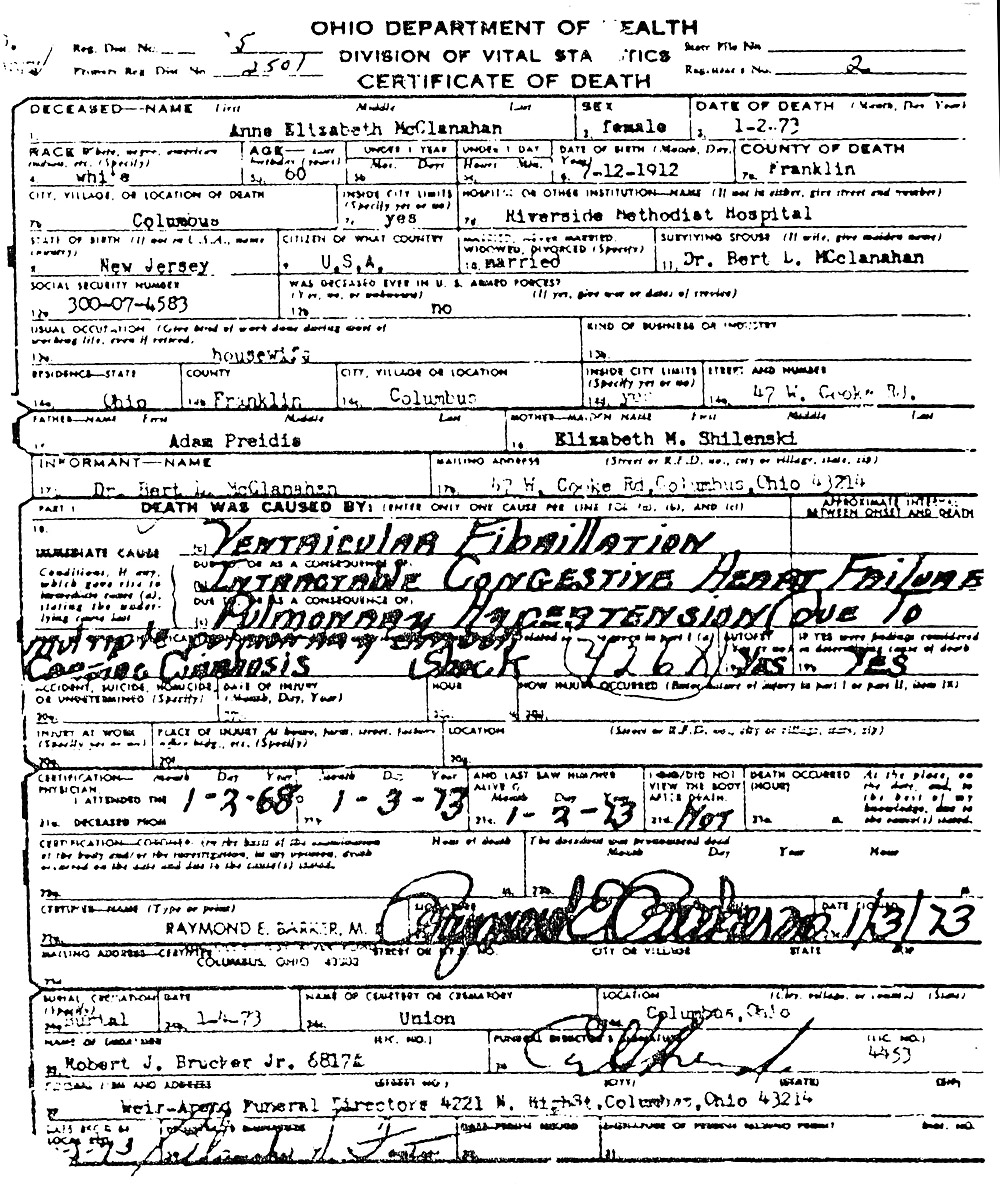 Ann Elizabeth McClanahan (1912-1973) Death Certificate