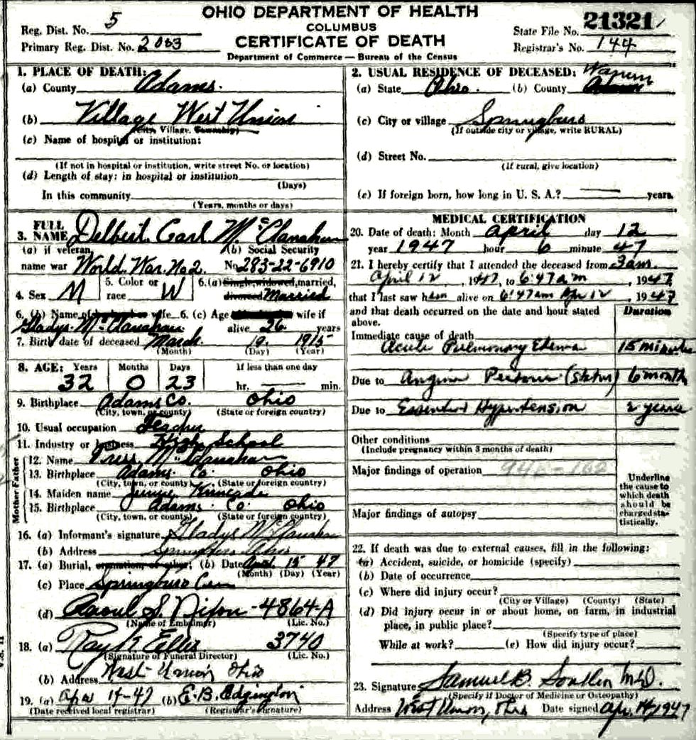 Death Certificate of  Delbert C. McClanahan (1915-1947)