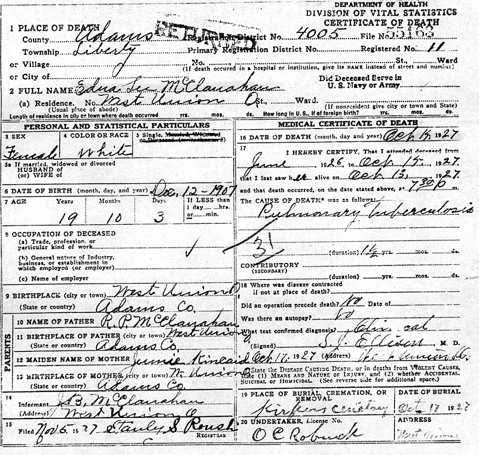 Edna Lee McClanahan (1907-1927) Death Certificate