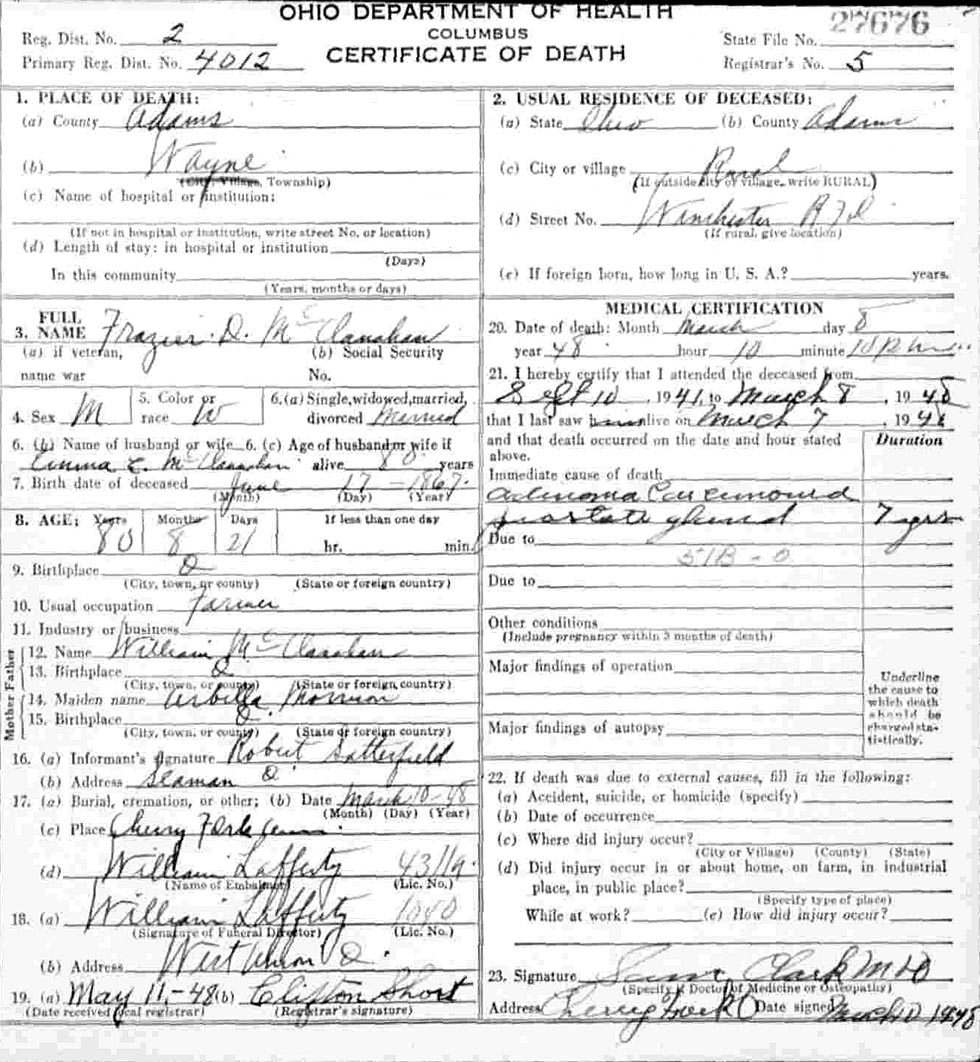 Death Certificate of Frazier Debolt McClanahan (1867-1948)