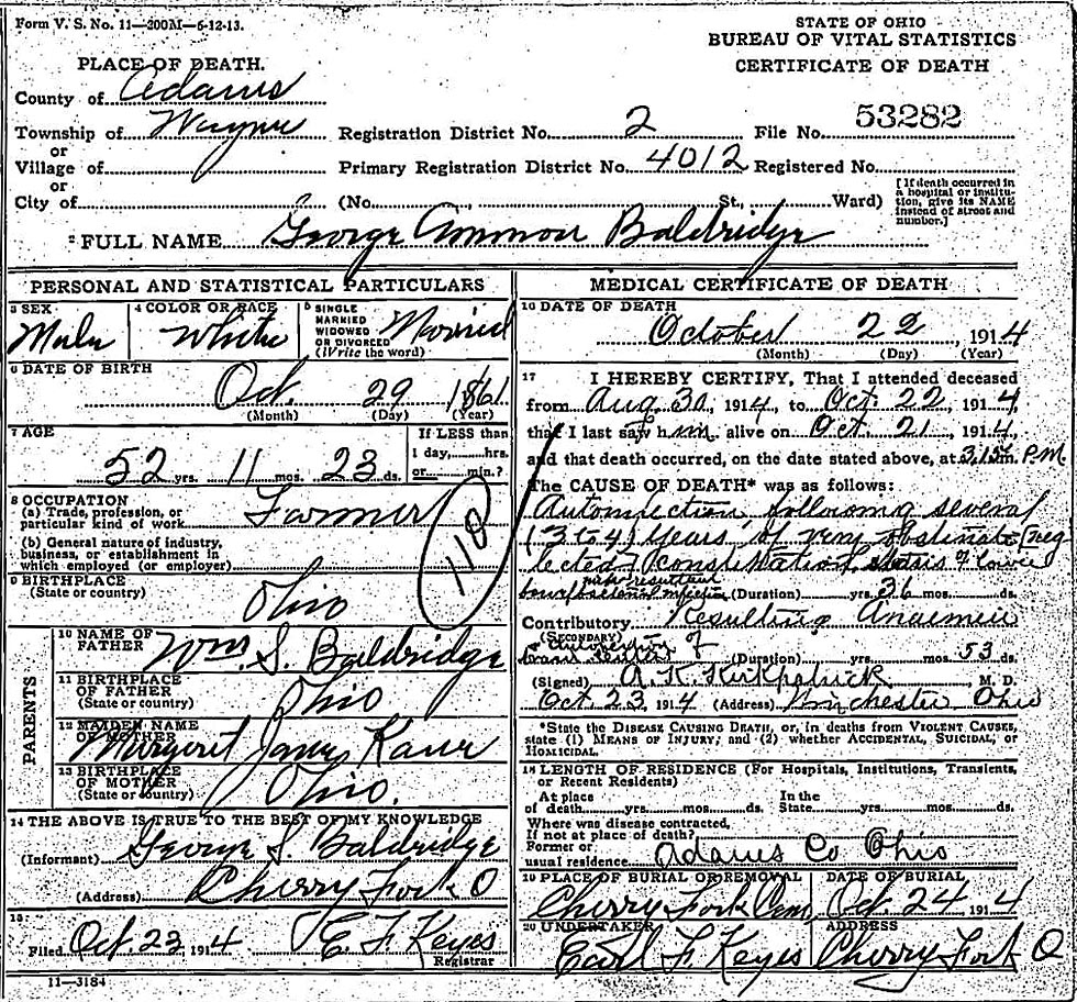 Death Certificate of George Ammon Baldridge (1861-1914)