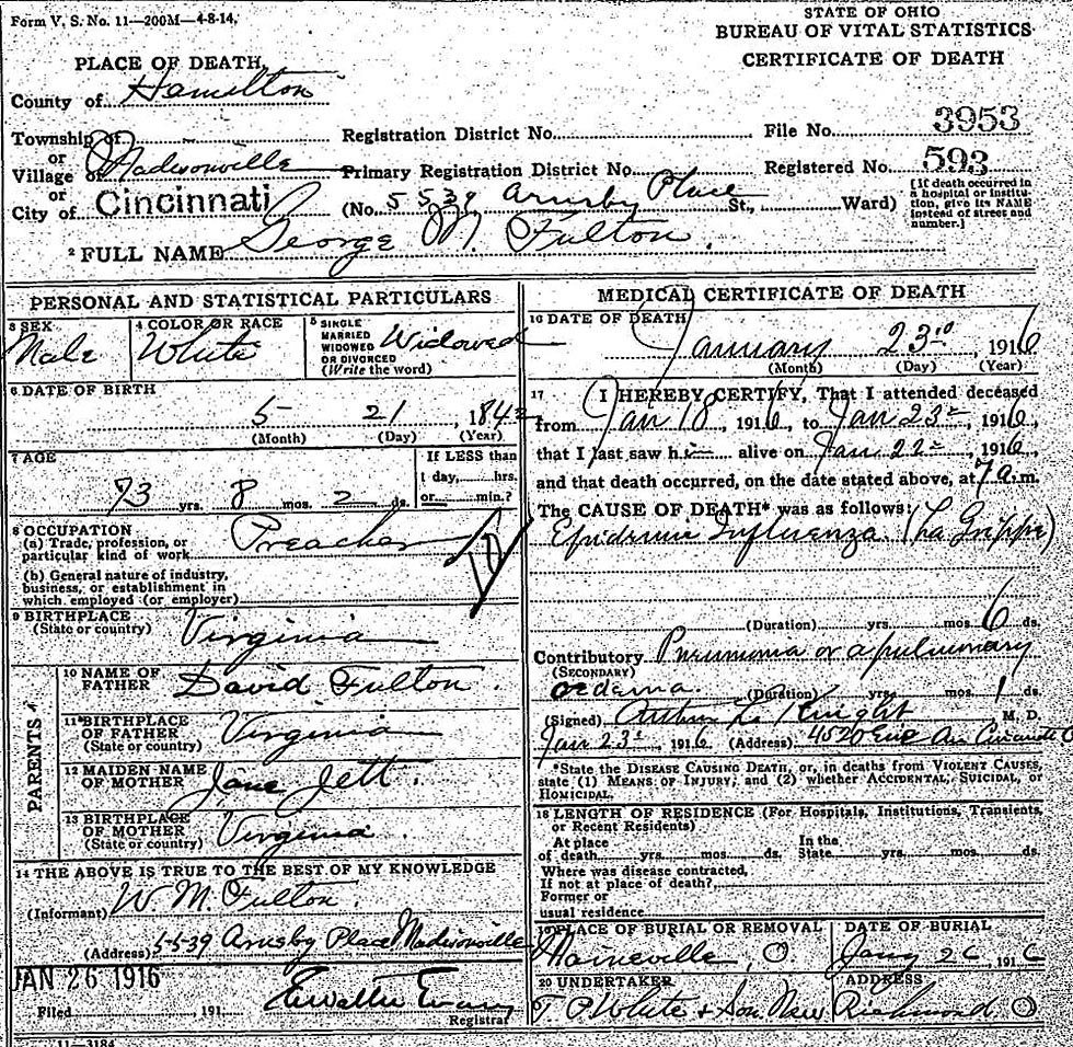 Death Certificate of Rev. George Mahlon Fulton (1842-1916)