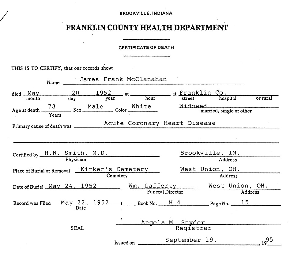 Death Certificate of James Franklin McClanahan  (1874-1952)