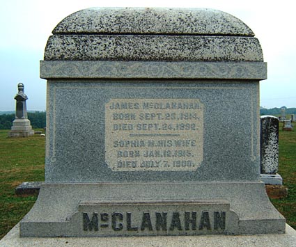 Tombstone of James T. McClanahan (1814-1892) and Sophia M. Baldridge (1815-1900)