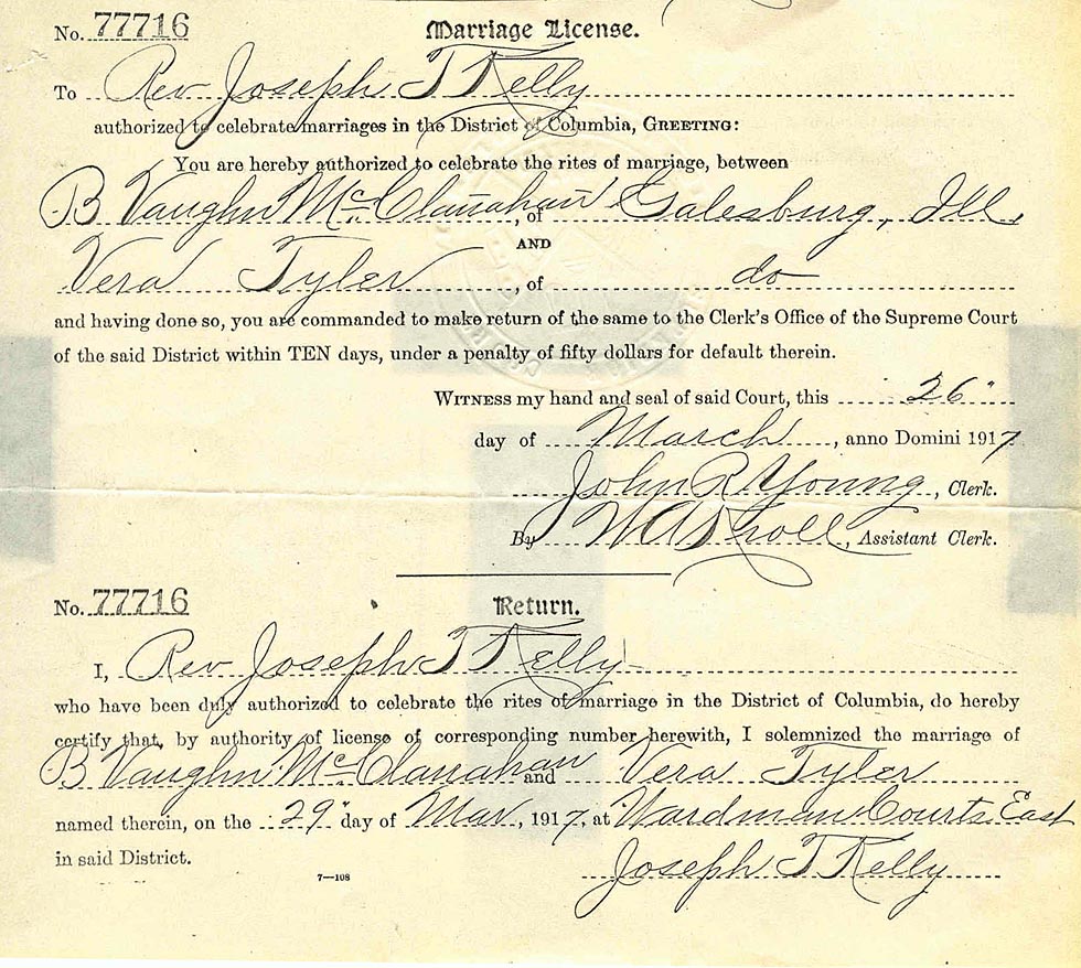 Marriage Certificate of Benjamin Vaughn McClanahan M.D. & Vera Tyler