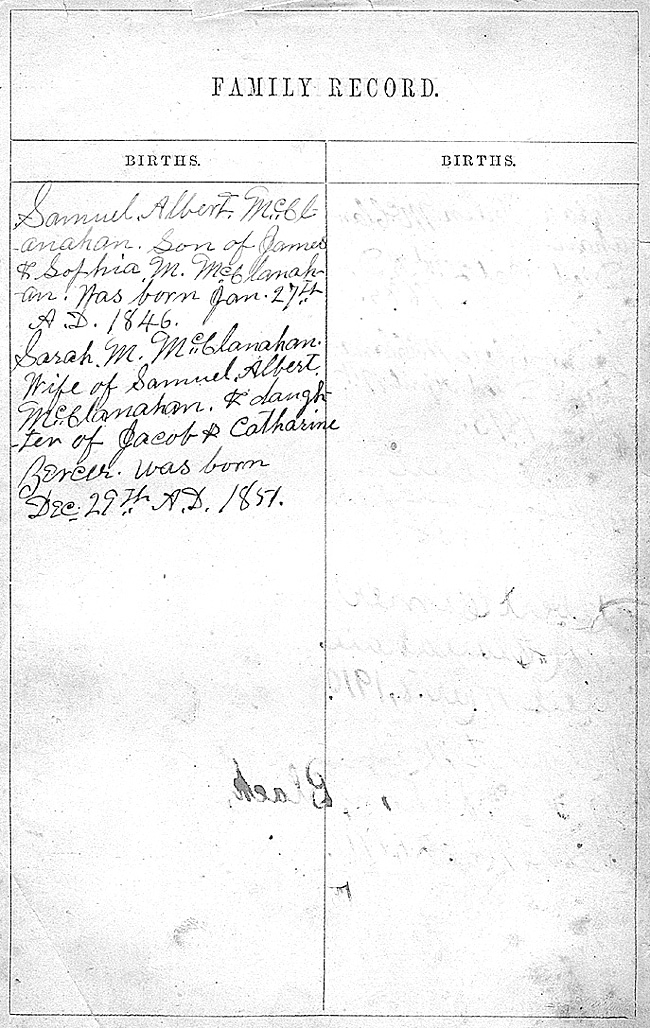 Samuel Albert McClanahan Family Bible - Births pg. 1