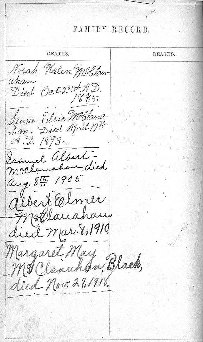 Samuel Albert McClanahan Family Bible - Deaths pg. 1