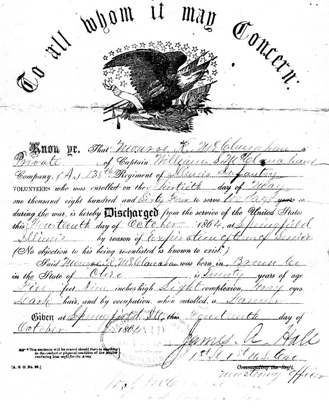 Monroe Robentile  McClanahan  (1843-1923) - Civil War Discharge Papers