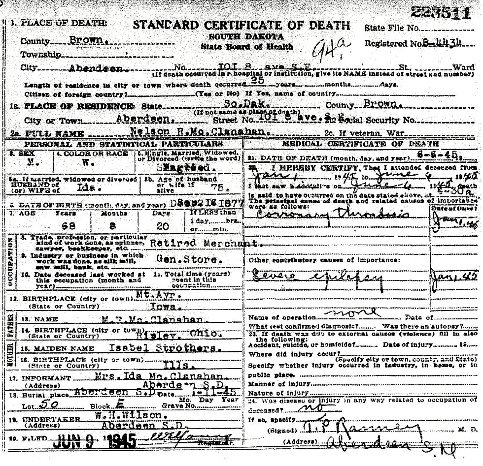 Death Certificate of Nelson Rankin  McClanahan (1877-1945)