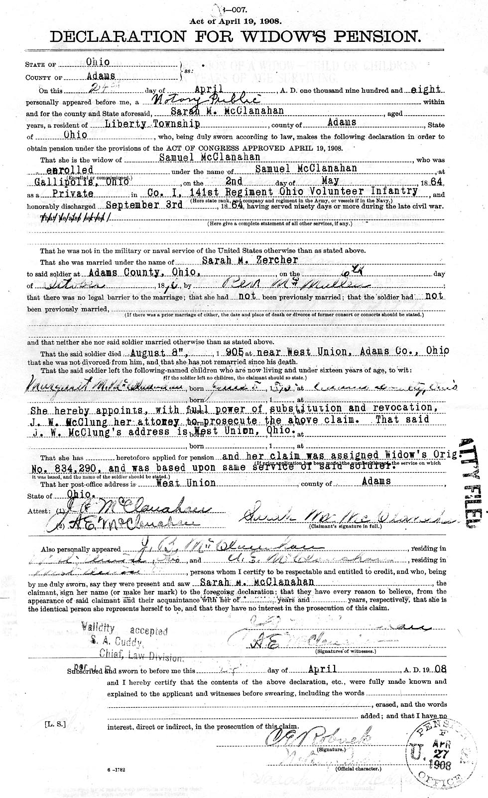 Samuel Albert McClanahan Civil War Pension Records: Declaration for Widow's Pension