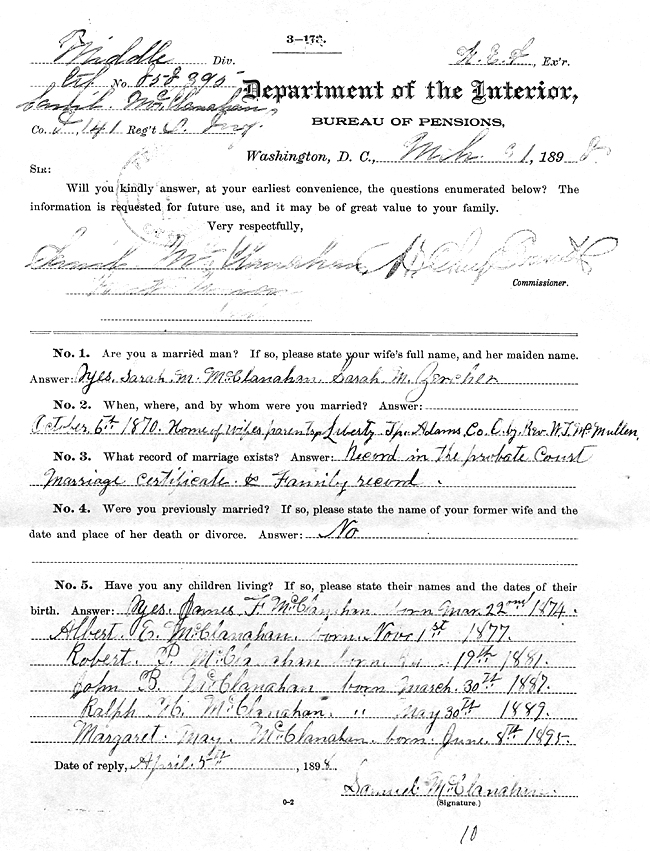 Samuel Albert McClanahan Civil War Pension Records - Family List
