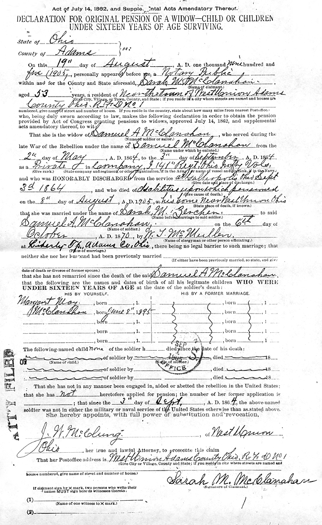 Samuel Albert McClanahan Civil War Pension Records - Declaration for Original Pension of a Widow-Child or Children Under Sixteen Years of Age Surviving