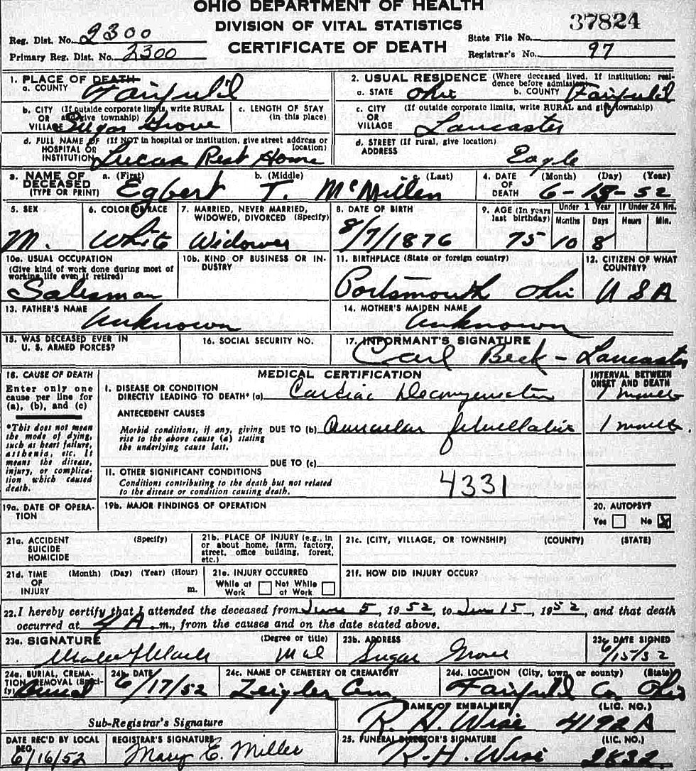Death Certificate of Egbert T. McMillen (1876-1952)