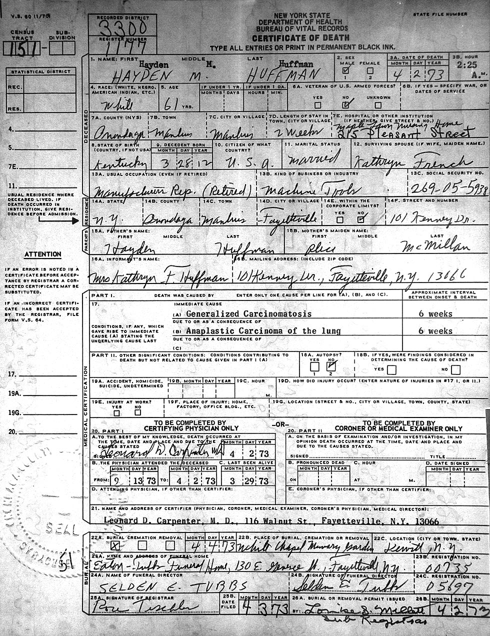 Death Certificate of Hayden MacMillan Huffman (1912-1973)
