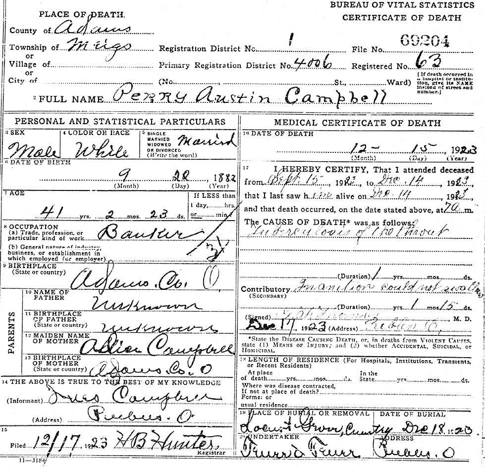 Death Certificate of Perry Austin Campbell (1882-1923)