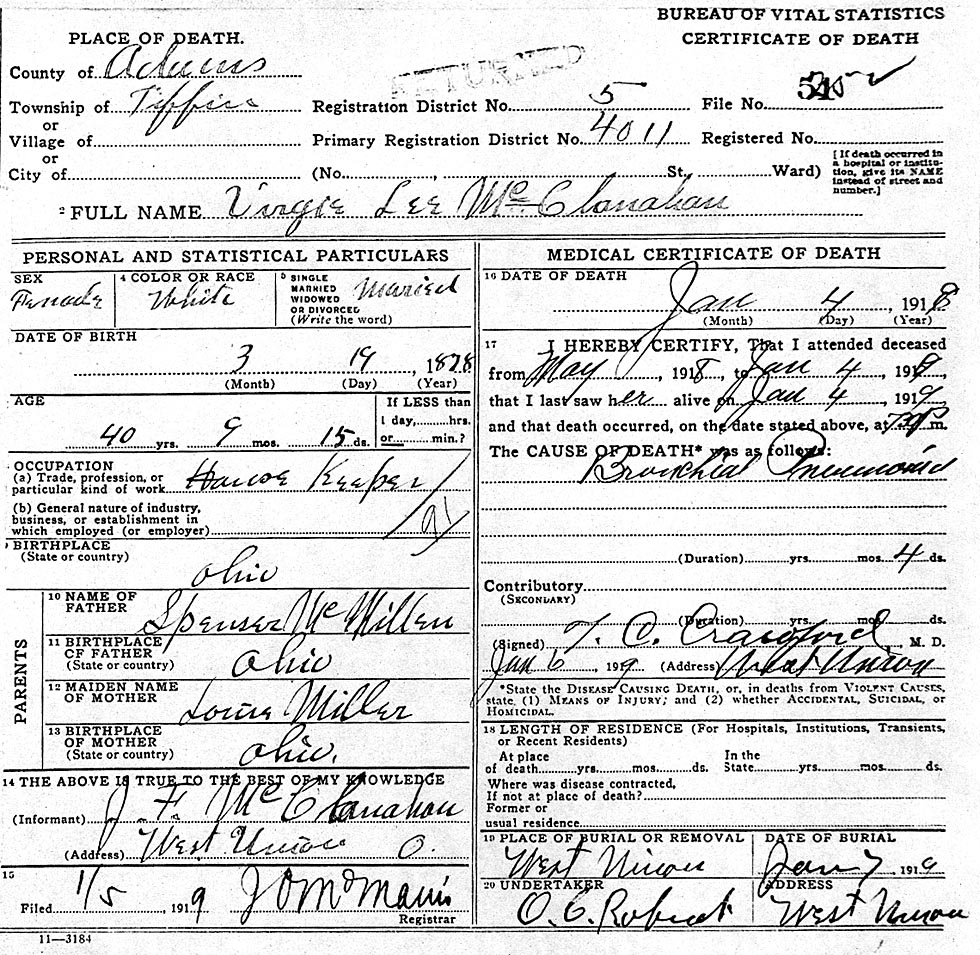 Virgie Lee McMillen (1878-1919) Death Certificate