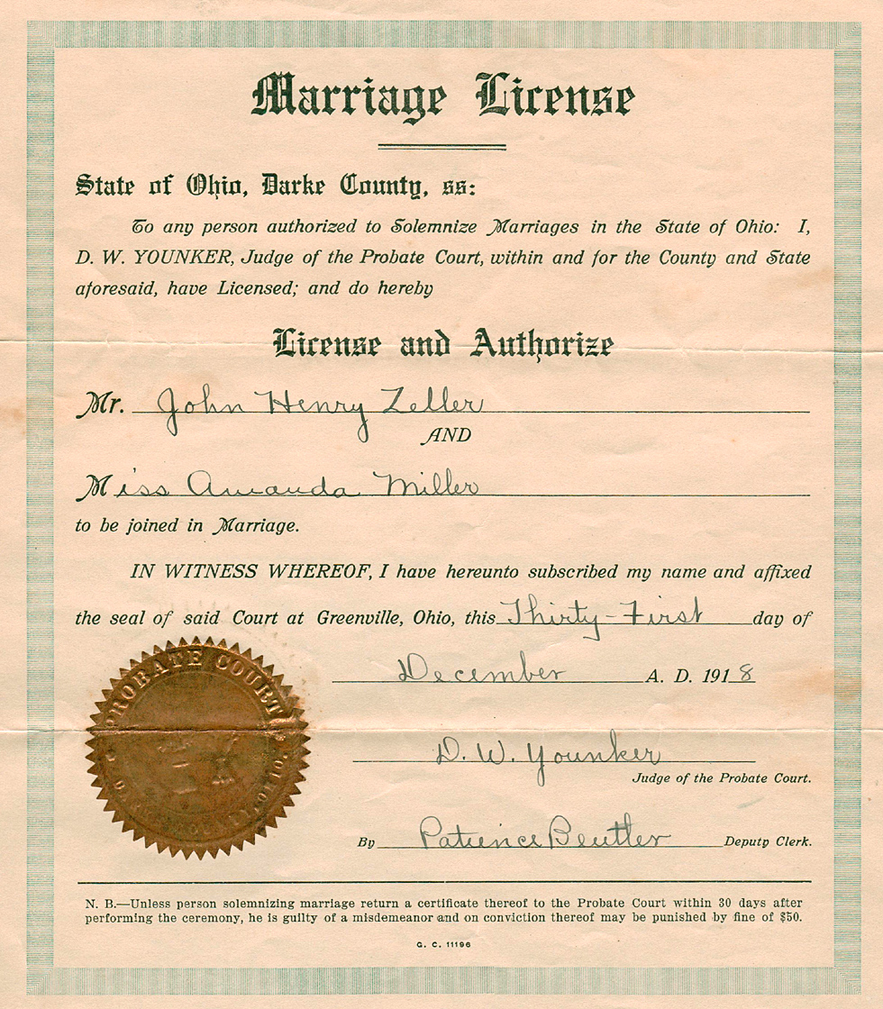 Marriage Certificate of Amanda Miller  and John Henry Zeller