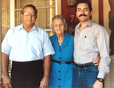 Left to right: Andrew William Cook (1922-1992), Ethel Beatrice Miller (1893-1990), Ronald William Cook (1955- ) - photograph taken November 28, 1987