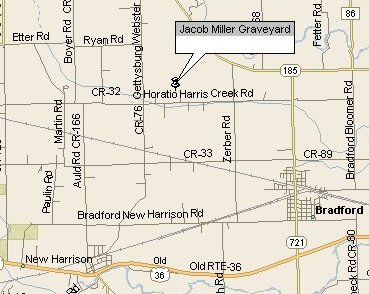 Location map of Jacob Miller Graveyard on Horatio Harris Creek Rd., Adams Township, Darke County, Ohio