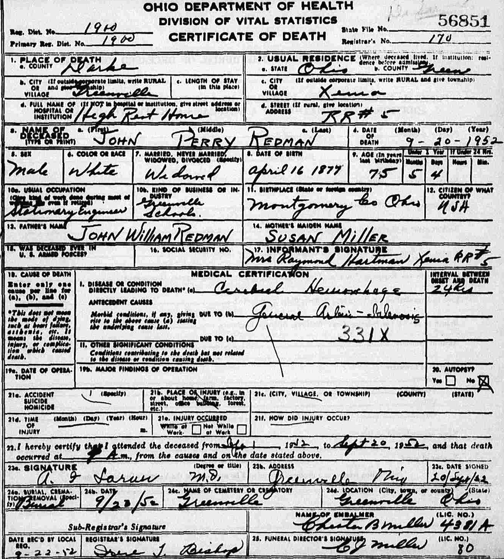 Death Certificate of John Perry Redman (1877-1952)