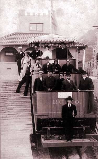 Moses Miller and family riding the Mt. Lowe Funicular Railway in Pasadena California, ca. 1907