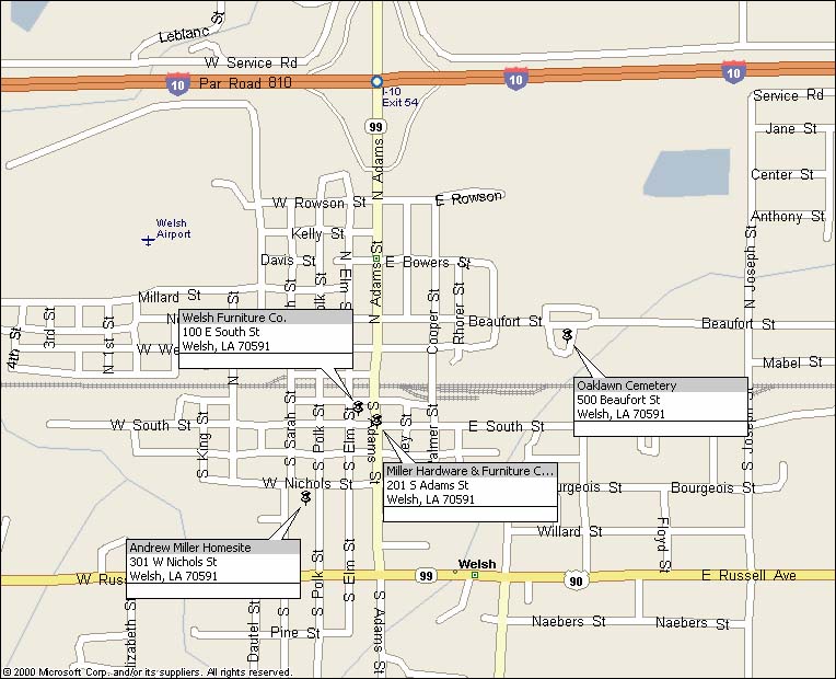 Welsh, Louisiana Map of Andrew Miller Locations