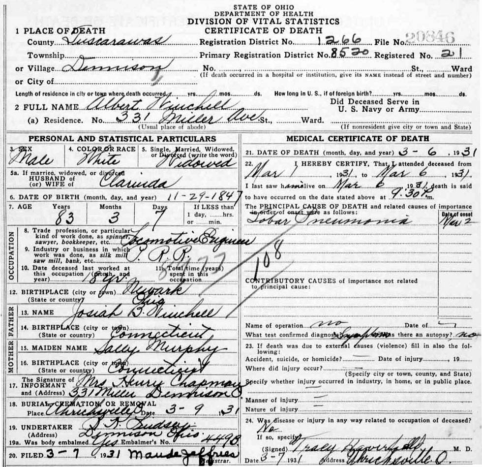 Albert  Winchell (1847-1931) Death Certificate