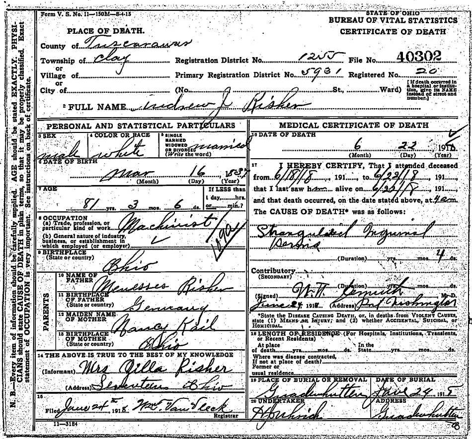 Andrew Jackson Risher  (1837-1919) Death Certificate