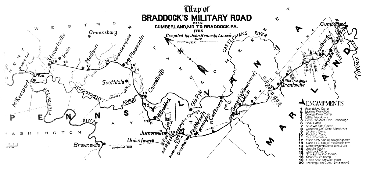 Map of Braddock's Military Road from Cumberland, Maryland to Braddock, Pennsylvania - 1755