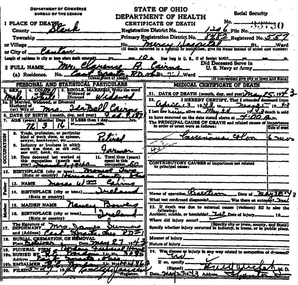 Clarence A. Cairns (1871-1943) Death Certificate