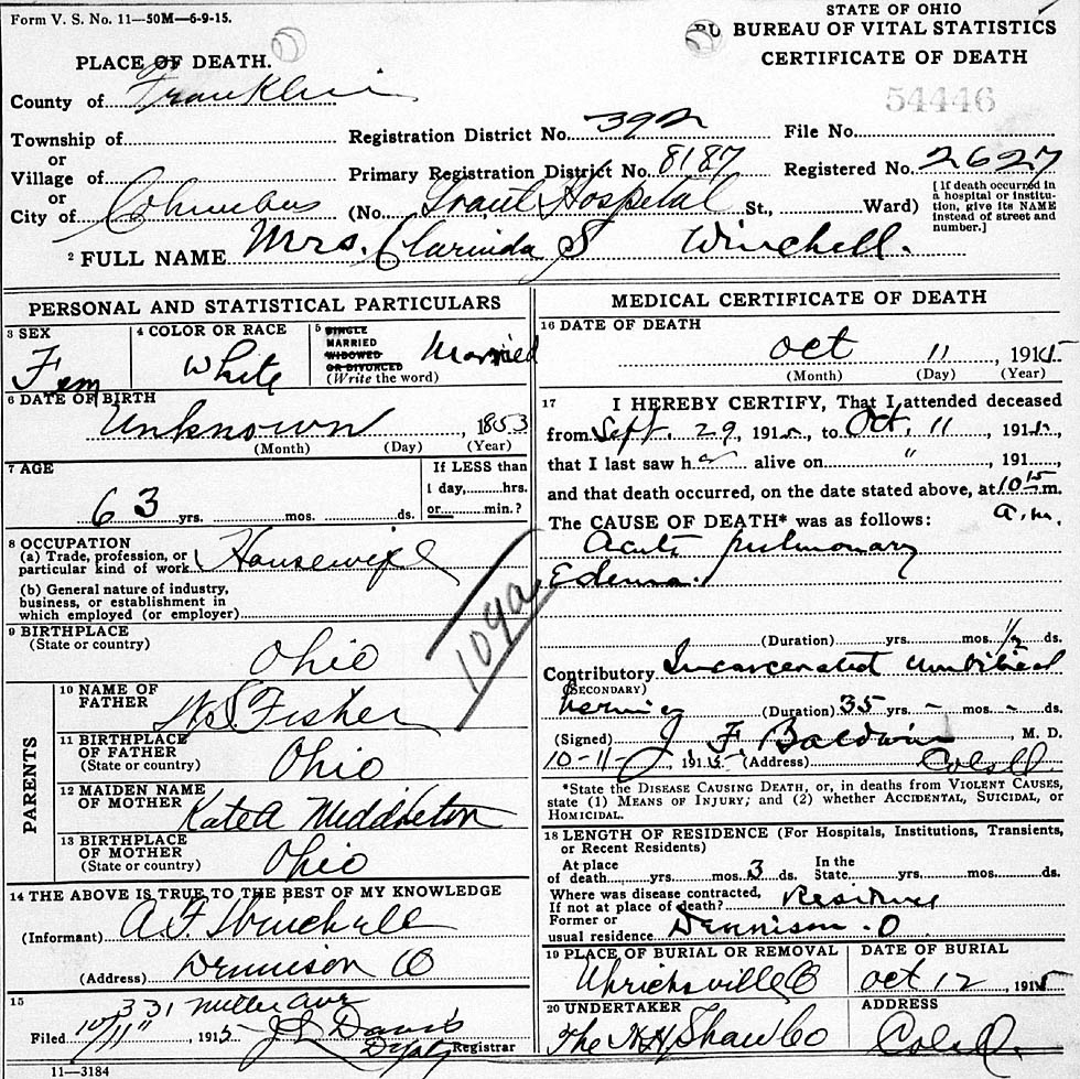 Clarinda S. Fisher (1853-1915) Death Certificate