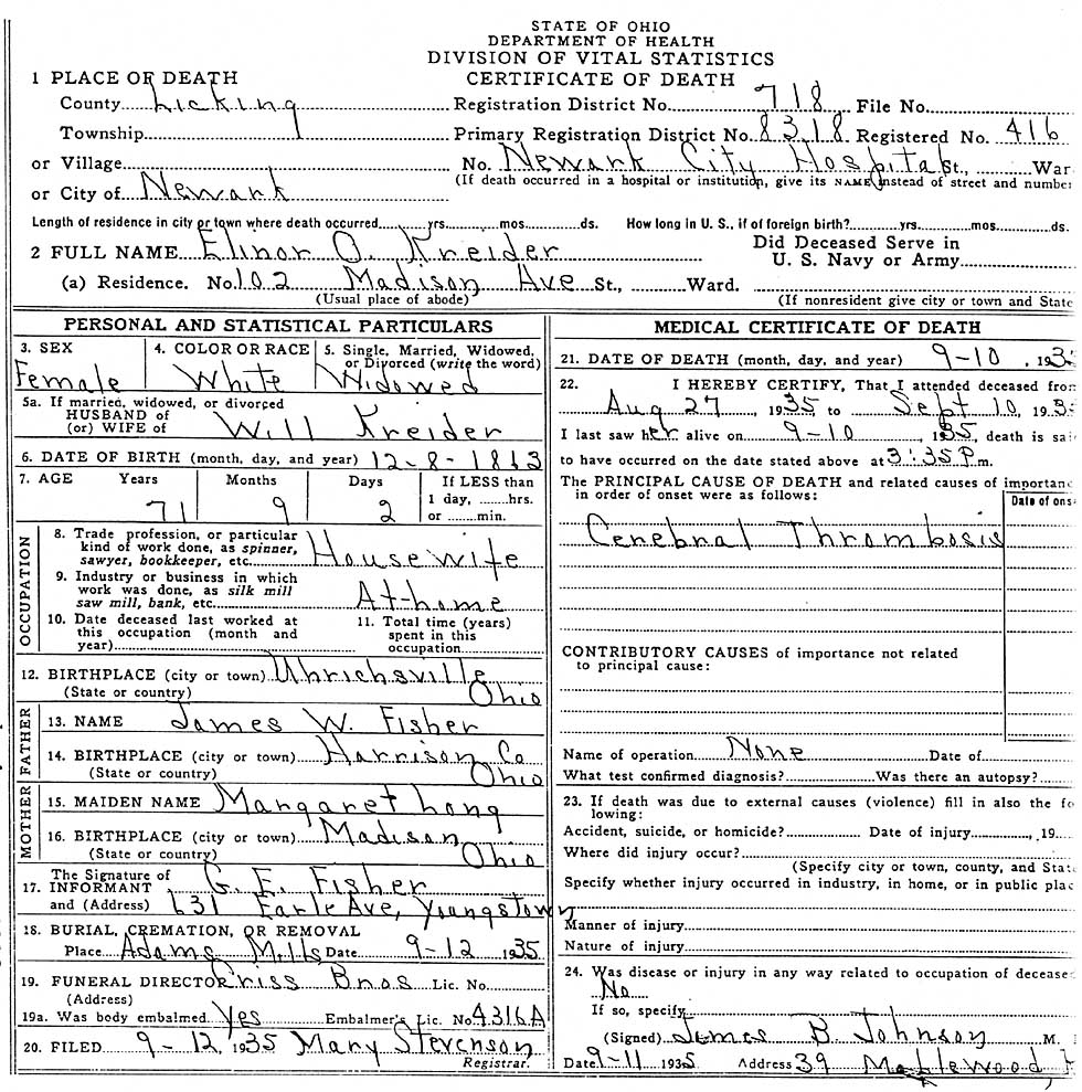 Eleanor J. Fisher (1863-1935) Death Certificate
