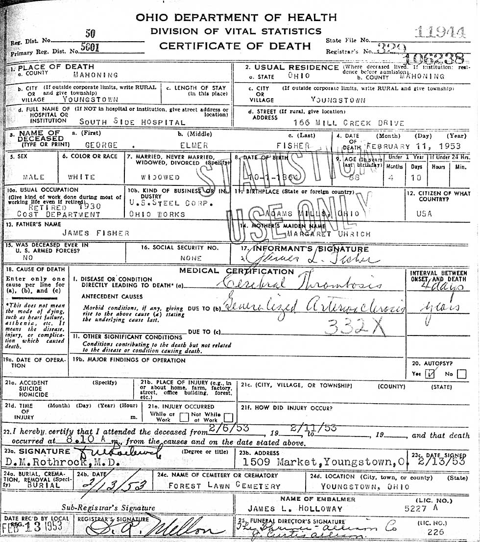 George Elmer Fisher  (1864-1953) Death Certificate