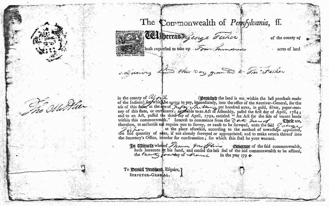 George Fisher 1794 Land Warrant - Germany Township, York County, Pennsylvania