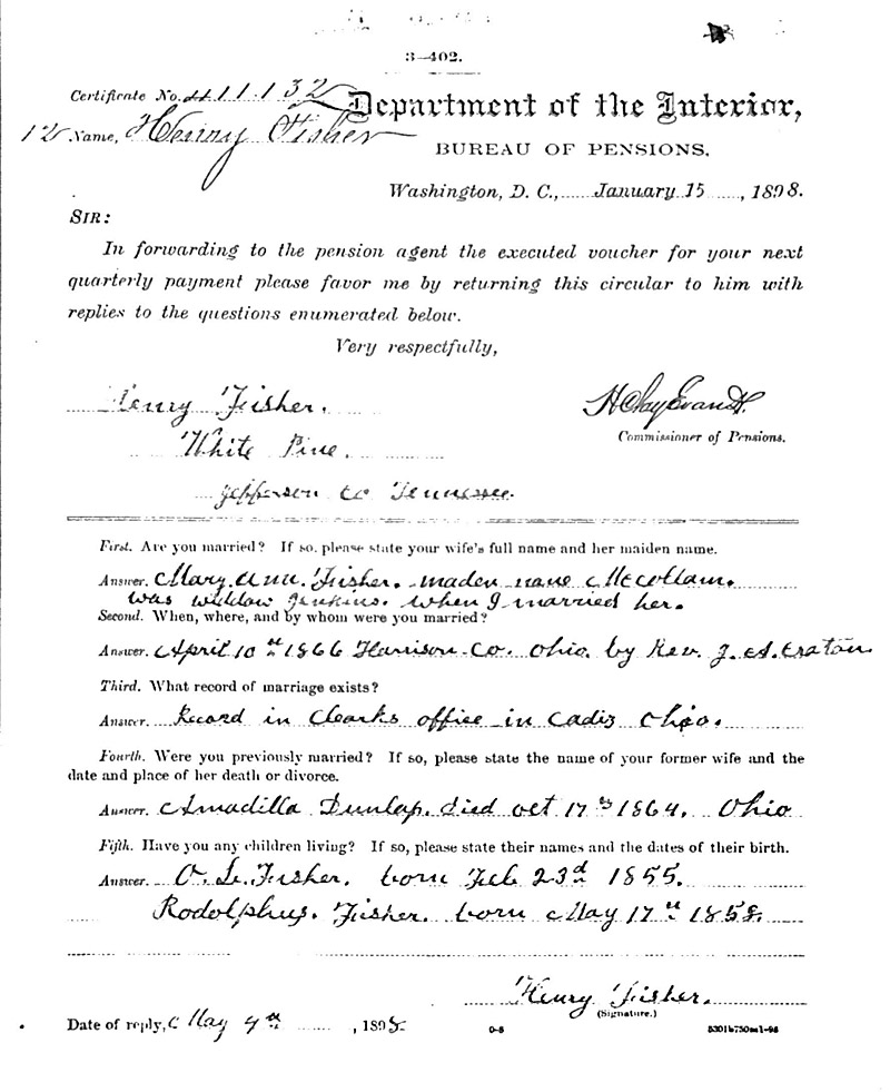 Pension Record of Henry Fisher's wives