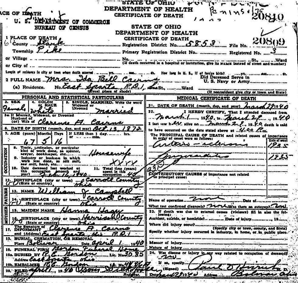 Ida Bell (Campbell) Cairns (1872-1940) Death Certificate