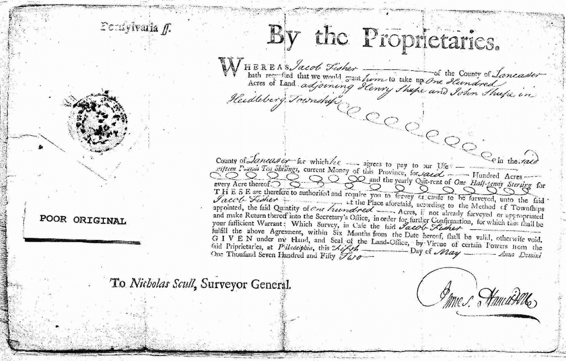 Jacob Fisher 1752 Land Warrant
