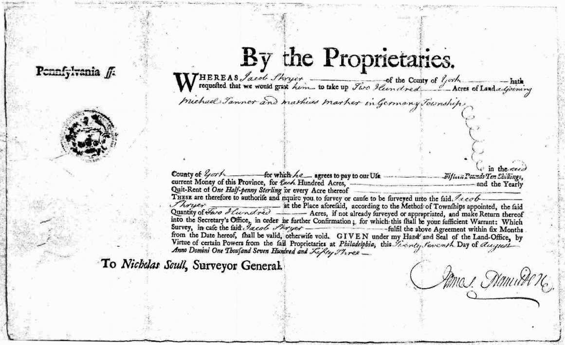1753 Jacob Schreyer Land Warrant - Germany Township, York County, Pennsylvania
