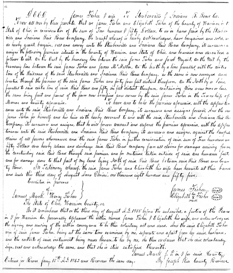 Railroad Deed for Land Purchase from James & Elizabeth Fisher, 1855