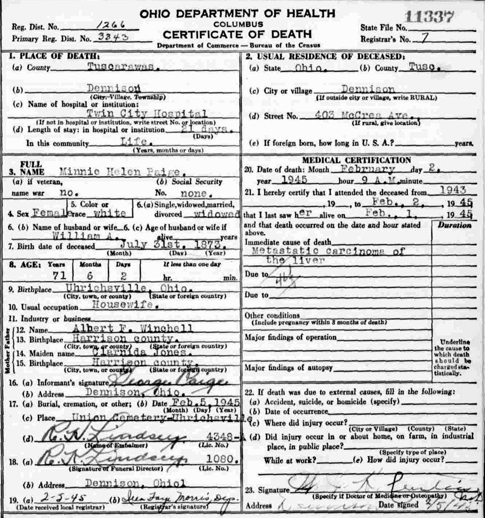 Minnie Helen Winchell (1873-1945) Death Certificate