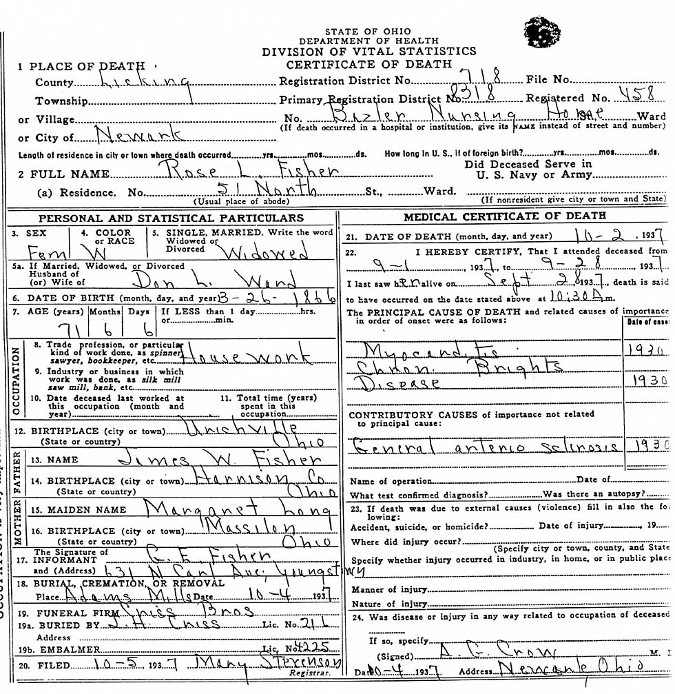 Rosella Laura Fisher  (1866-1937) Death Certificate