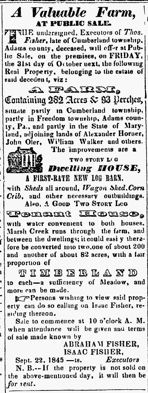 Newspaper notice of the Estate Sale for Thomas Fisher's Farm, found in the Repubican Compliler, Gettysburgh, Pennsylvania, September 22, 1845