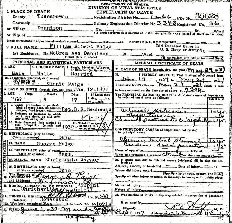 William Albert Paige (1871-1937) Death Certificate