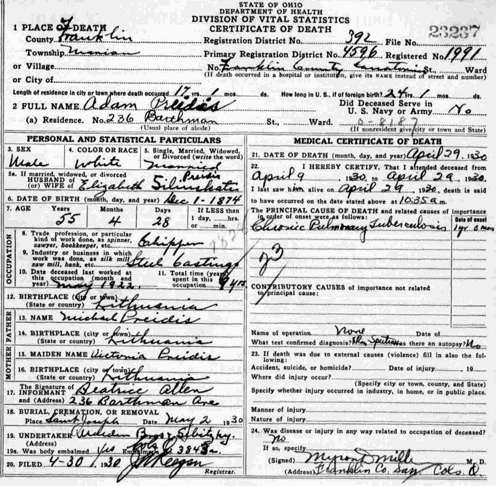 Death Certificate of Adomas (Adam) Preidis (1874-1930)