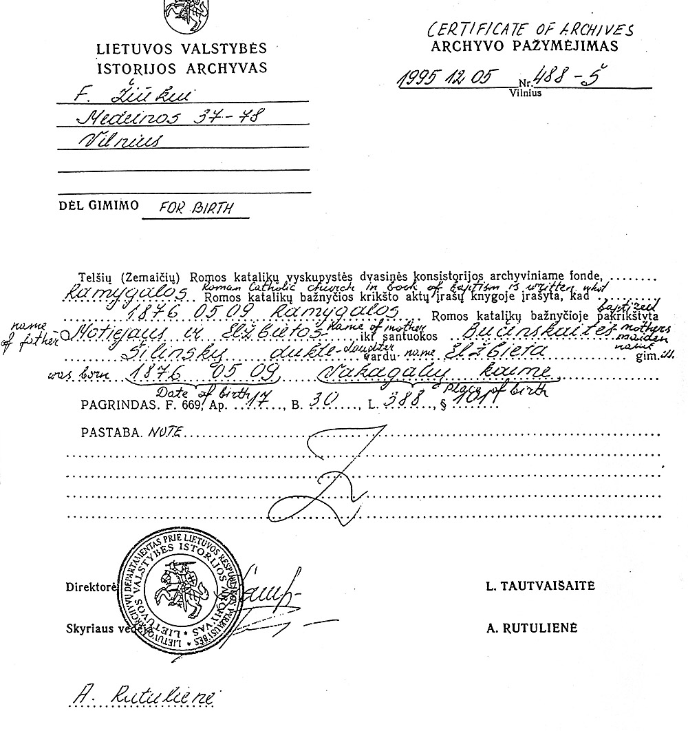 Birth Certificate of Elizabeth Madeline Silinsky (1876-1959)