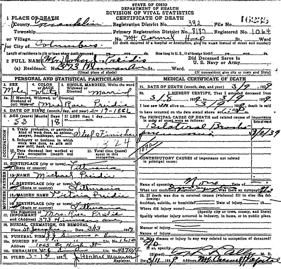 Death Certificate of Jonas (John) Joseph Preidis (1886-1939)