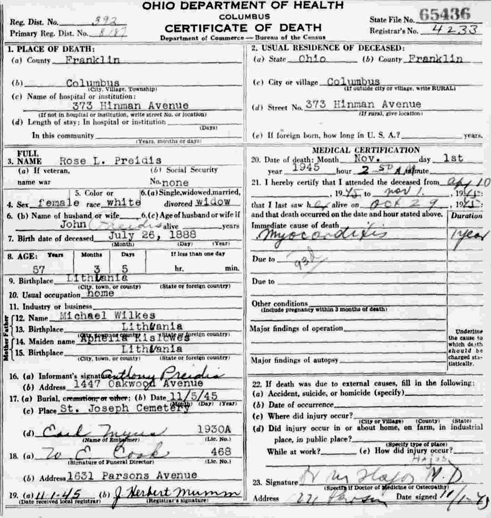 Death Certificate of Rose L. Volkovic Preidis (1888-1945)